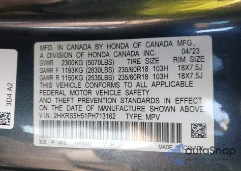 2023 Honda Cr-V Hybrid Sport z USA, uszkodzony, nr VIN 2HKRS5H51PH713162